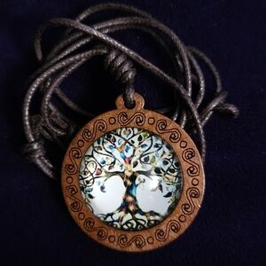 Bohemian Tree of Life Wooden Pendant Necklace on Adjustable Brown Cord